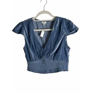 Aerie Blue Smocked Crop Top Flutter Sleeve V Neck Casual Boho Blouse S